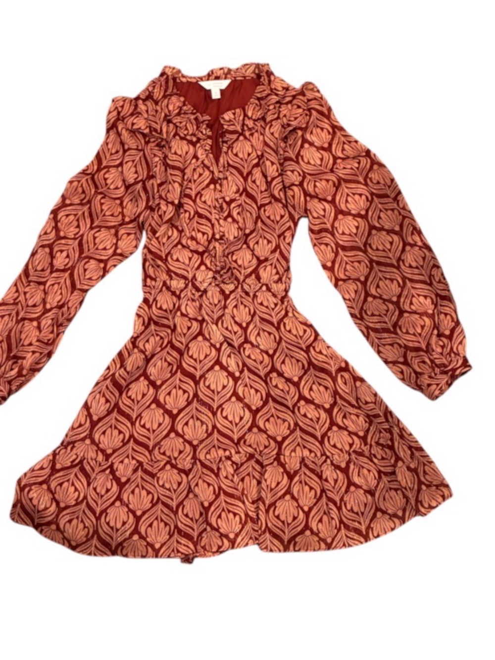 Lauren Conrad Long Sleeve Maroon Mini Dress 
Tan and Gold Pattern 
Size S